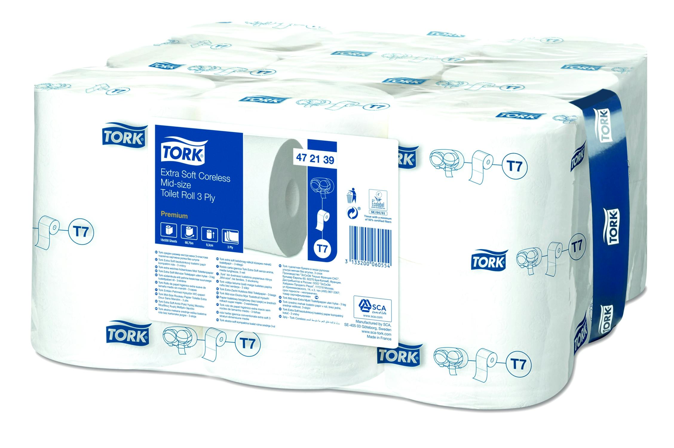 Tork 472139 T7 Mid-size Hulsloos Extra Zacht Toiletpapier 3-lgs 550 vel verpakking